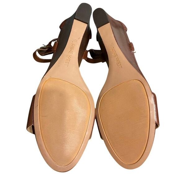 Nine West Floyd Brown Leather Stacked Wedge Sandal Ankle Strap - Picture 5 of 6